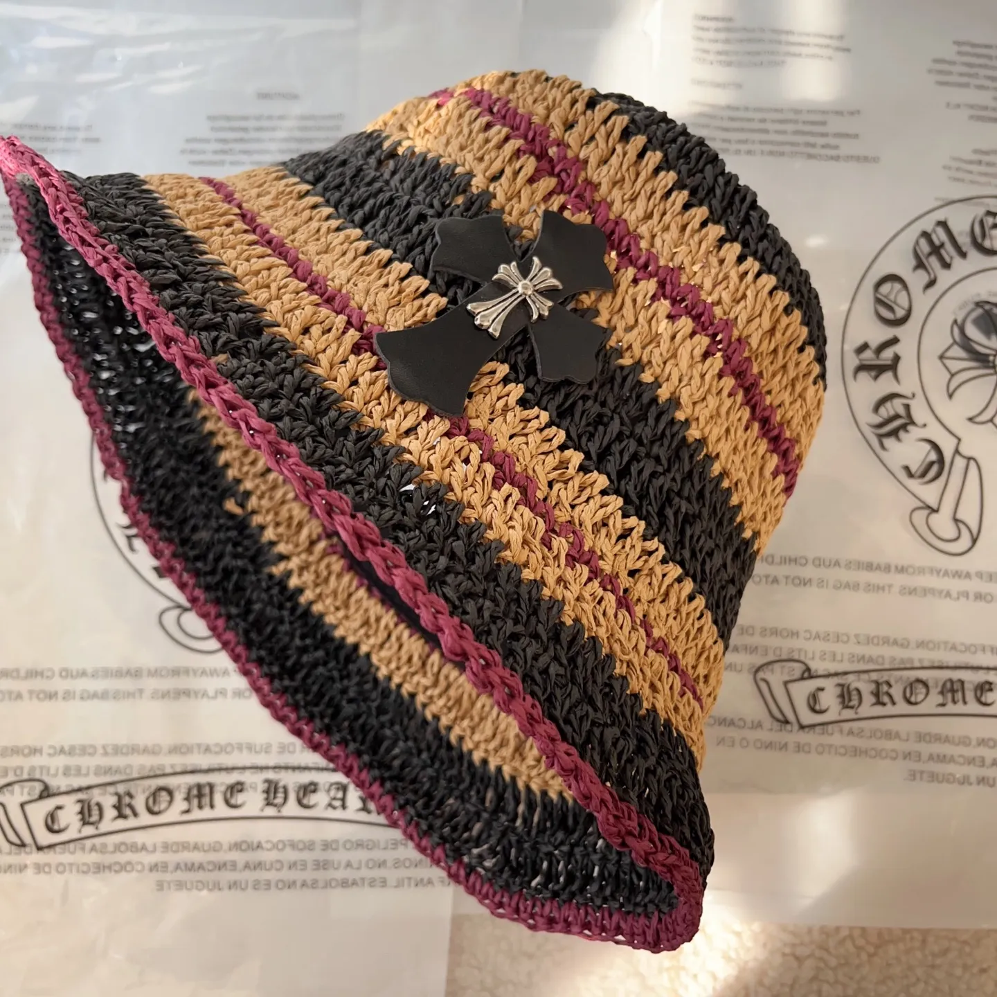 2⃣️5⃣Spring and summer new style️ꫛꫀꪝ❥—— 🖤Crow heart cross logo straw hat 🆕Khaki blue 👌Hand-woven raffia 👒Head circumference 55～58cm
